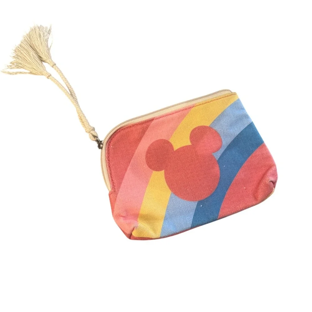 Disney x Junk Food Mickey Mouse Rainbow Canvas Zipper Pouch Tassel Bag Retro 70s